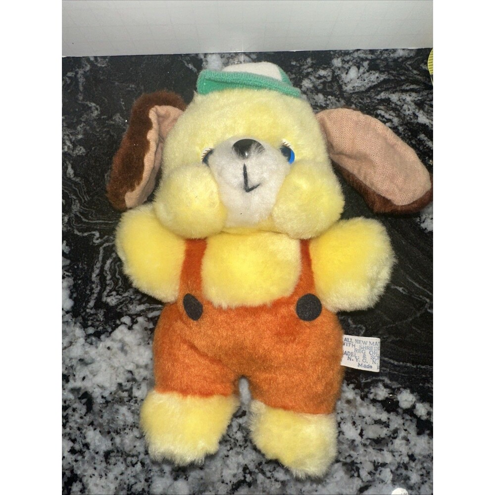 Vintage Nadel & Sons Yellow Puppy In Overalls Plush Blue Eyes 8”. Cap. Rare